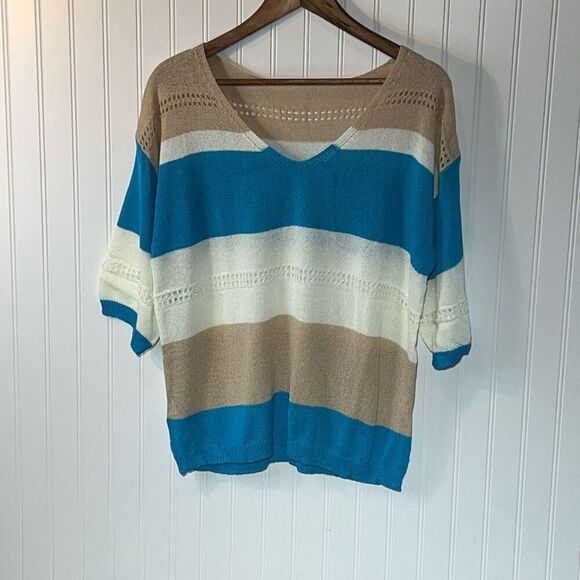 Striped Sweater Womens Large Blue And White Cottage Core Loose Casual Knit Top - Picture 1 of 12